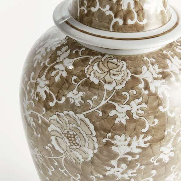 Grand Province Lotus Ginger Jar - Large 20" Taupe & White Ceramic