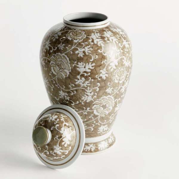 Grand Province Lotus Ginger Jar - Large 20" Taupe & White Ceramic