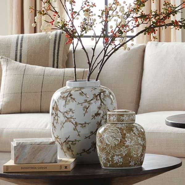 Province Empress Ginger Jar - 15" Taupe & White Ceramic