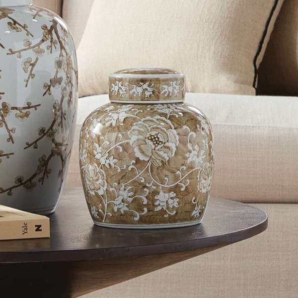 Province Lotus Lidded Jar - Taupe & White Ceramic Ginger Jar