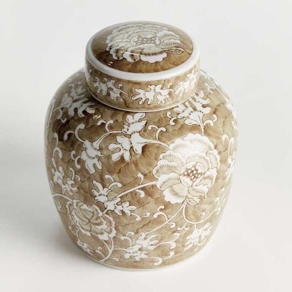 Province Lotus Lidded Jar - Taupe & White Ceramic Ginger Jar