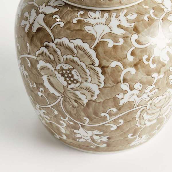 Province Lotus Lidded Jar - Taupe & White Ceramic Ginger Jar