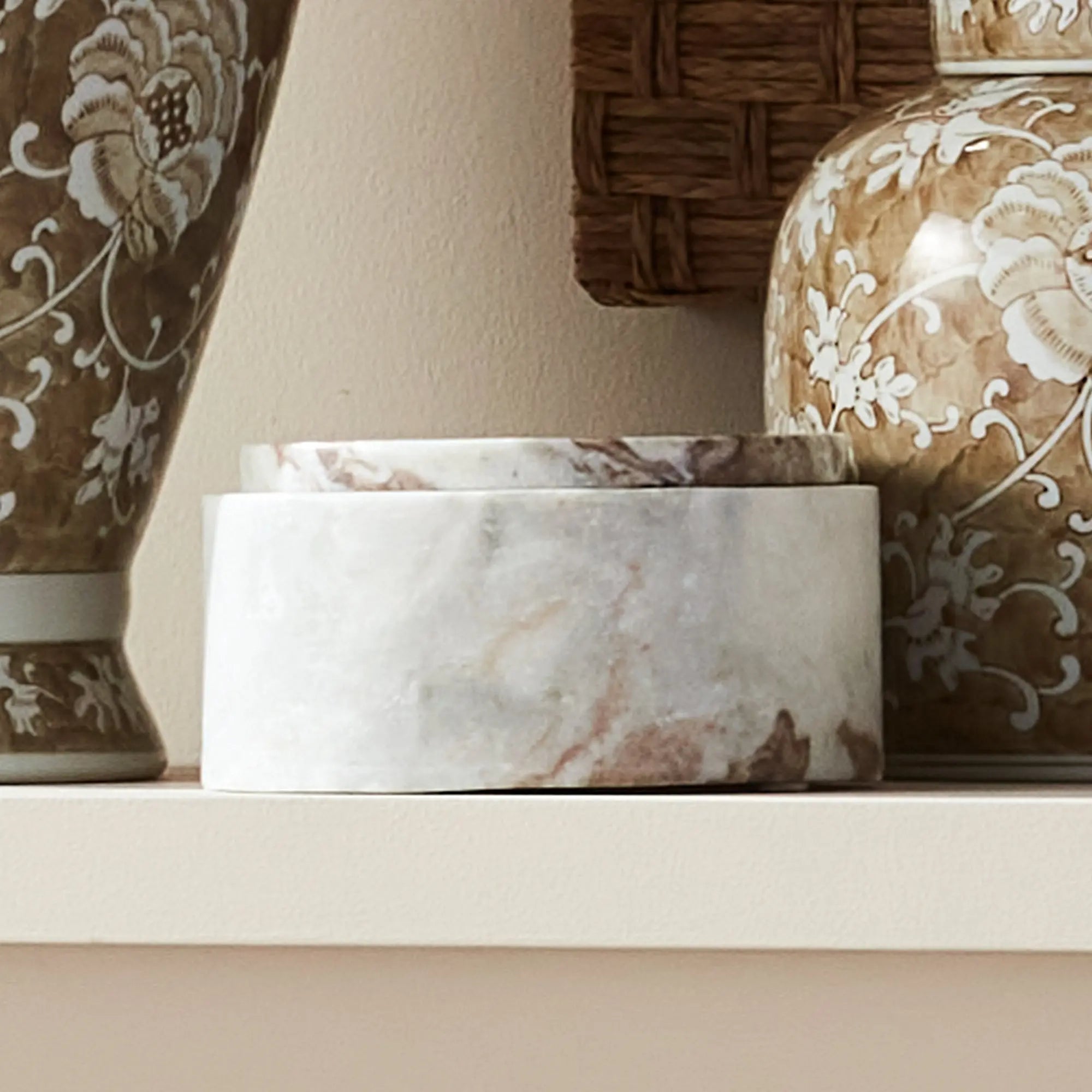 Jaqueline round marble lidded box with natural brown veining - Wide