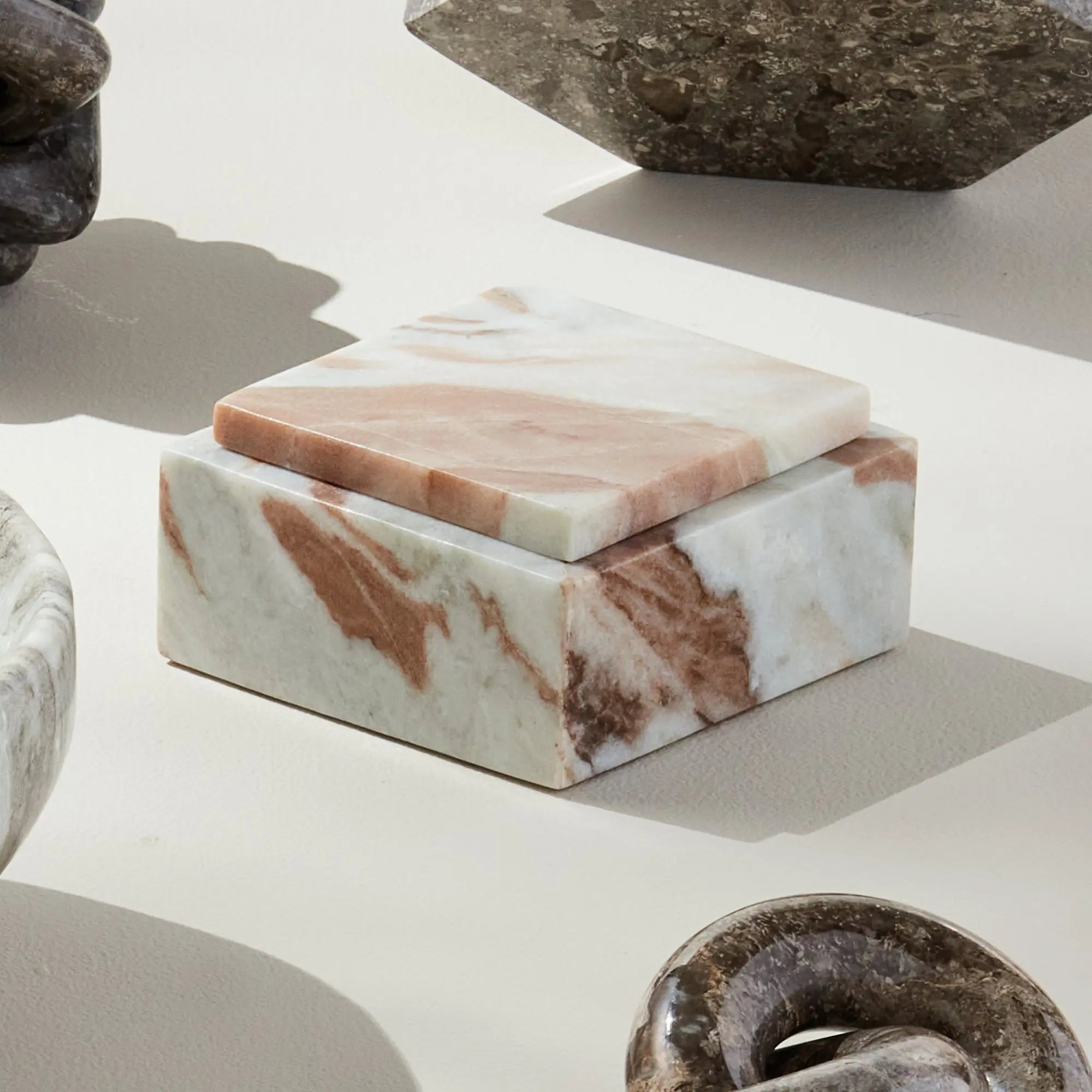 Jaqueline square marble lidded box with natural brown veining - Short