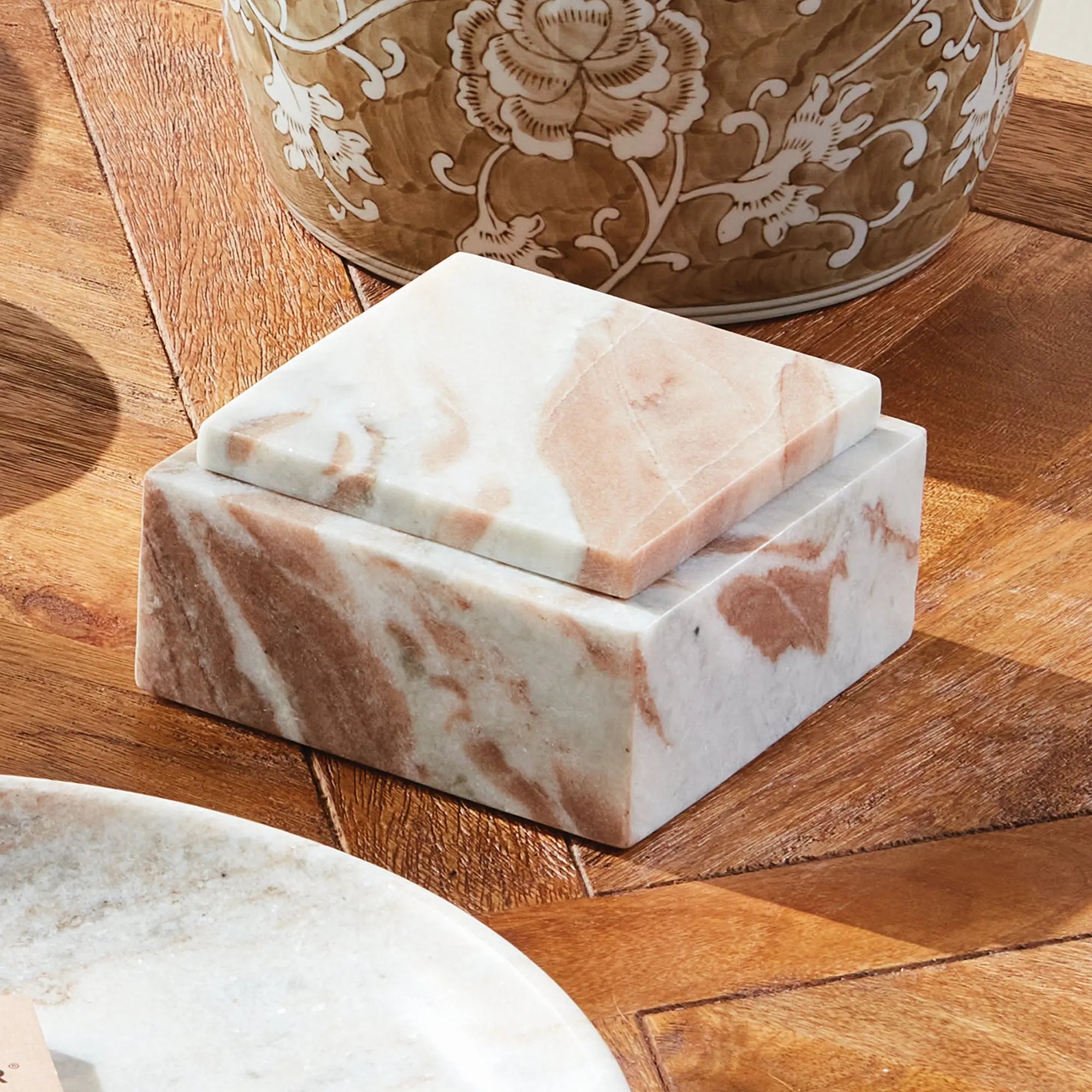 Jaqueline square marble lidded box with natural brown veining - Short