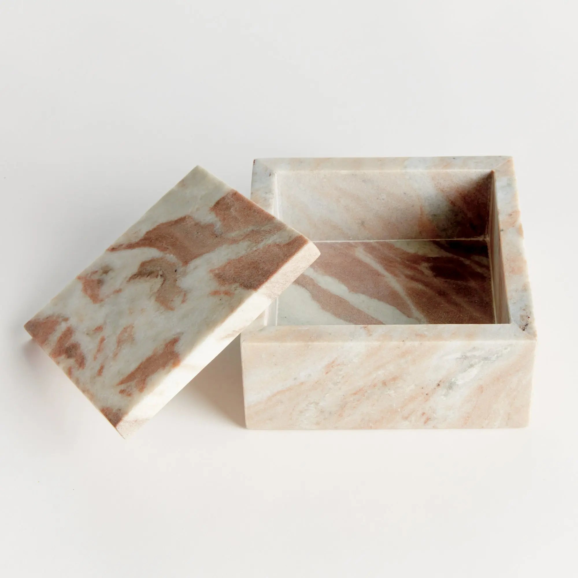 Jaqueline square marble lidded box with natural brown veining - Wide
