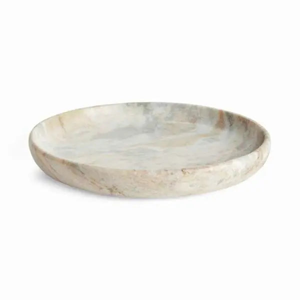 Round Josephine Marble Tray with a flat surface and low rim, featuring distinctive broad brown and light brown veins on a white marble base with a honed finish.