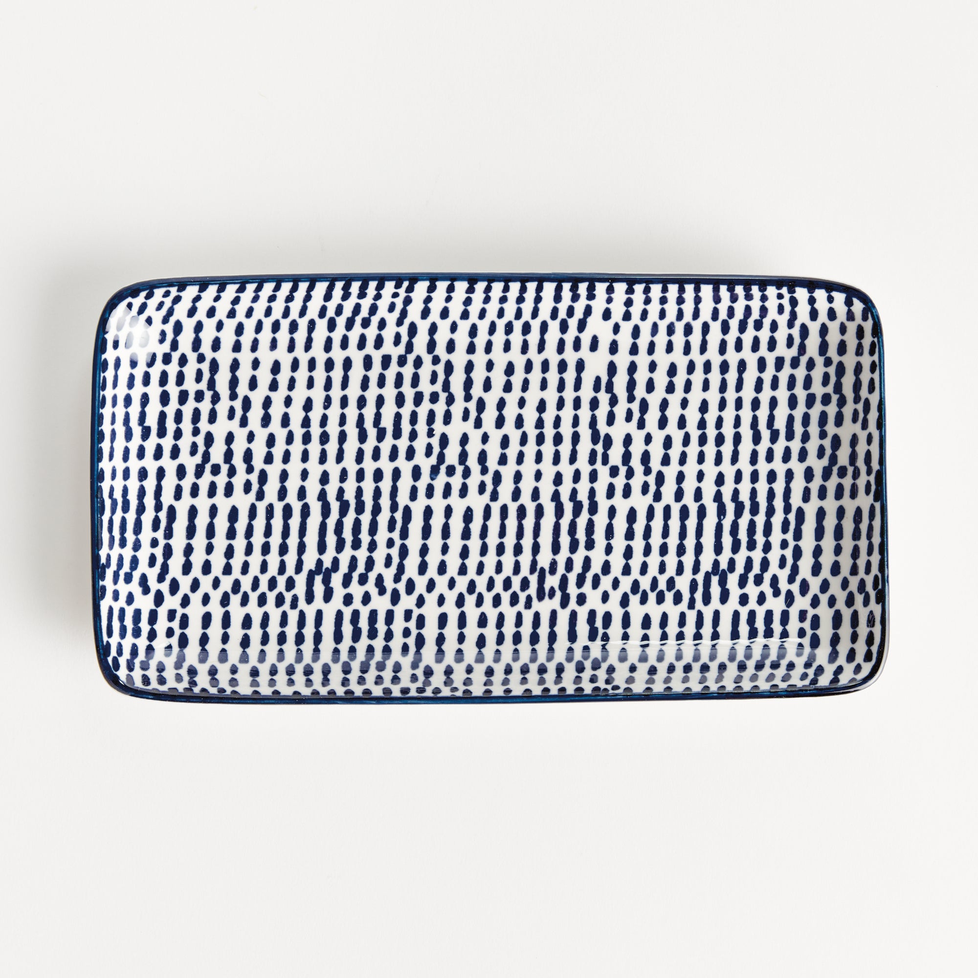 Stria Speckled 8" Trays Set of 4 - dark blue and white ceramic serving trays with speckled pattern for appetizers and entertaining