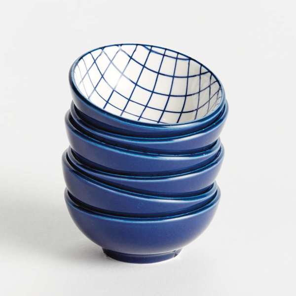 Stria Grid Dip Bowls Set of 6 - dark blue and white ceramic bowls with modern grid pattern for serving dips, sauces and appetizers
