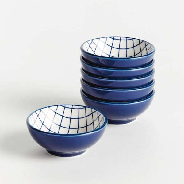 Stria Grid Dip Bowls Set of 6 - dark blue and white ceramic bowls with modern grid pattern for serving dips, sauces and appetizers