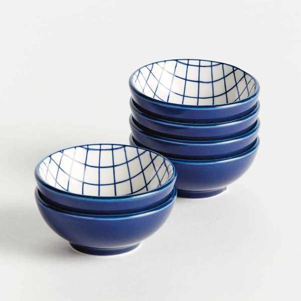Stria Grid Dip Bowls Set of 6 - dark blue and white ceramic bowls with modern grid pattern for serving dips, sauces and appetizers