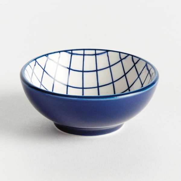Stria Grid Dip Bowls Set of 6 - dark blue and white ceramic bowls with modern grid pattern for serving dips, sauces and appetizers