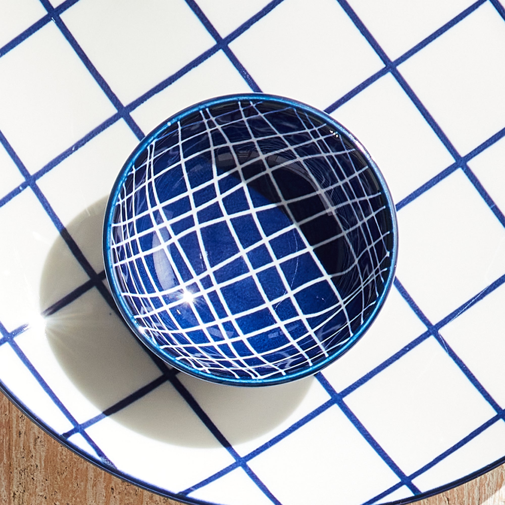Stria Weaves Dip Bowls Set of 6 - dark blue and white ceramic bowls with modern woven striated pattern for serving dips, sauces and appetizers