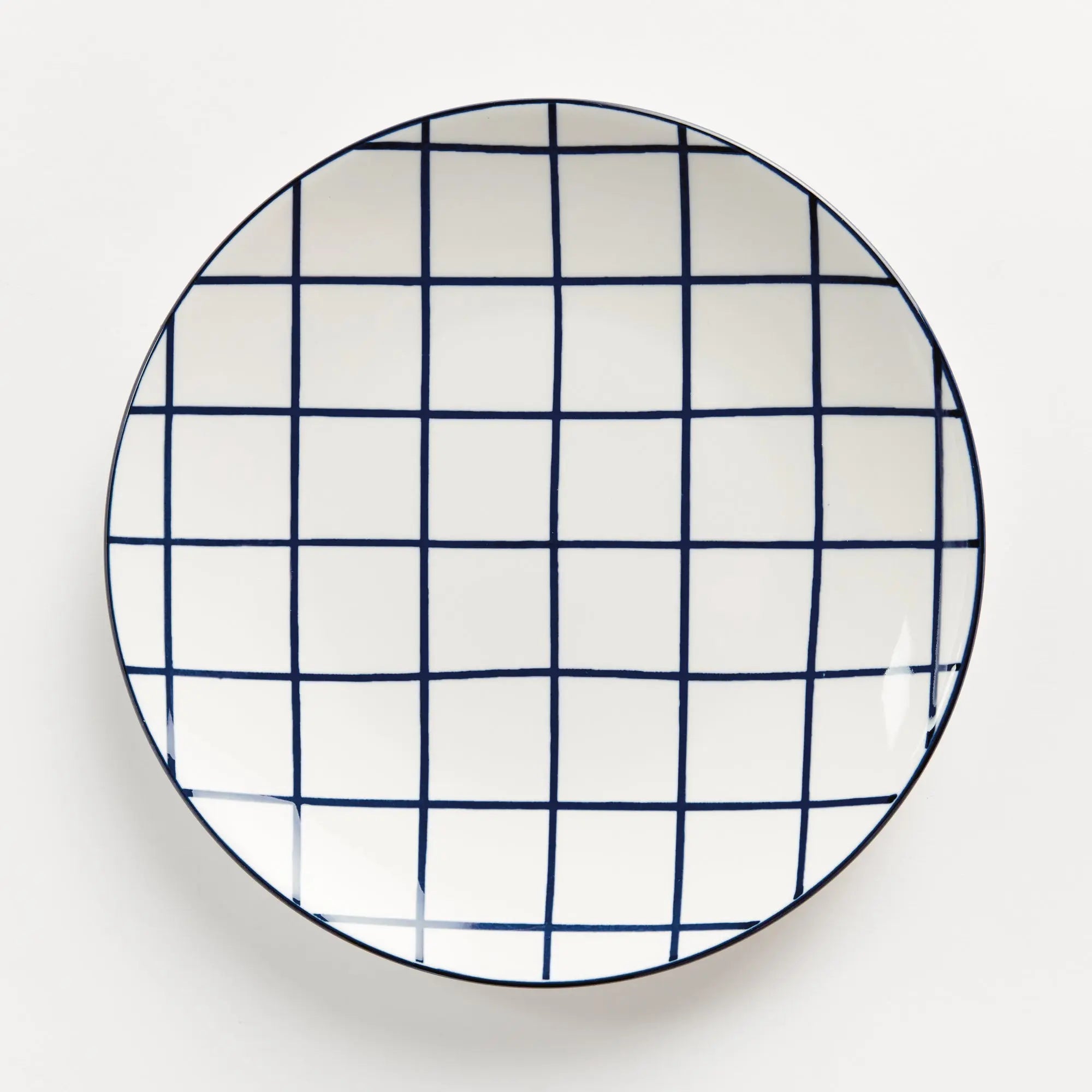 Stria 8.5" Plates Set of 4 - dark blue and white ceramic salad plates with modern grid pattern for dining and entertaining