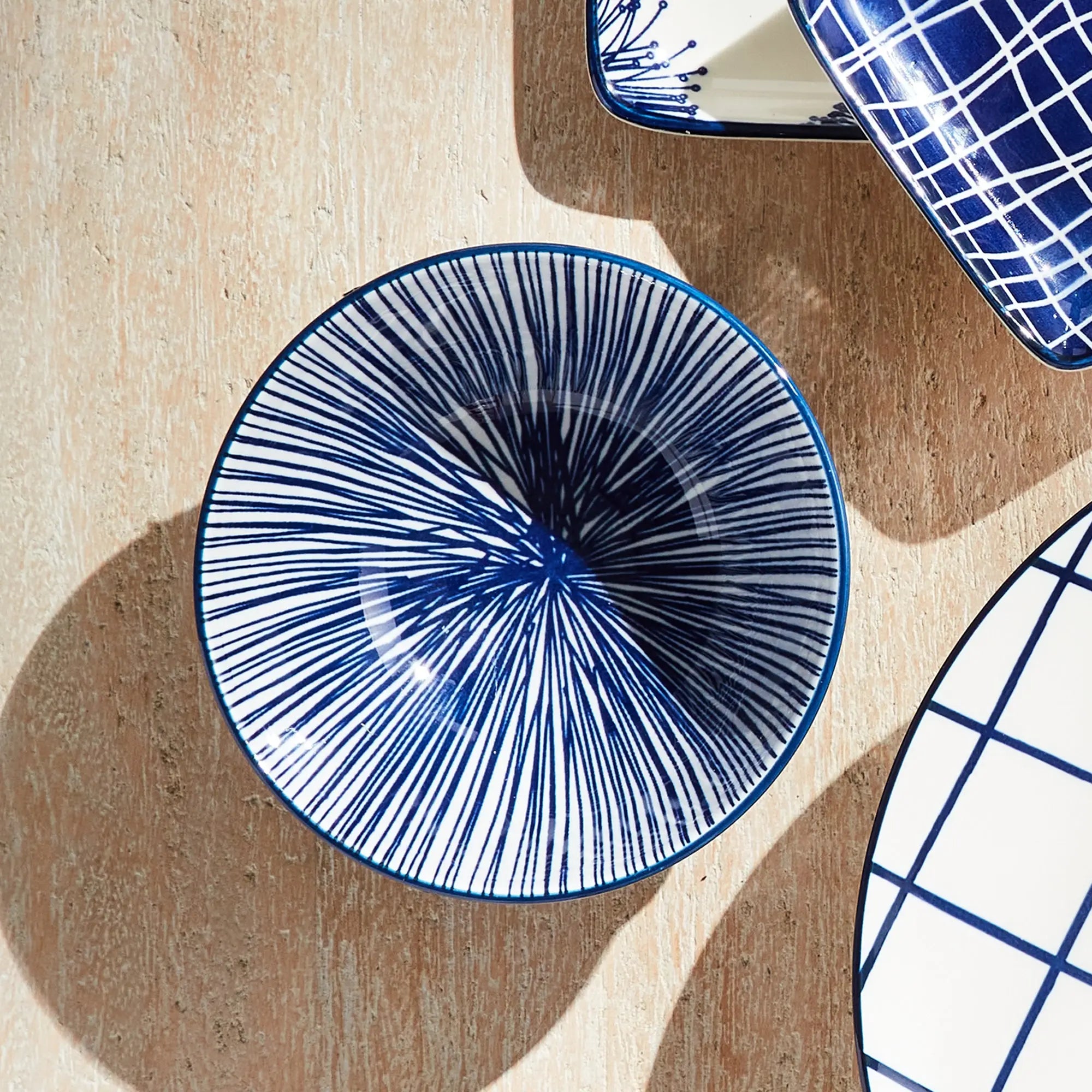 Stria 4.75" Bowls Set of 6 - dark blue and white striped ceramic dip bowls with modern striated pattern for serving and entertaining