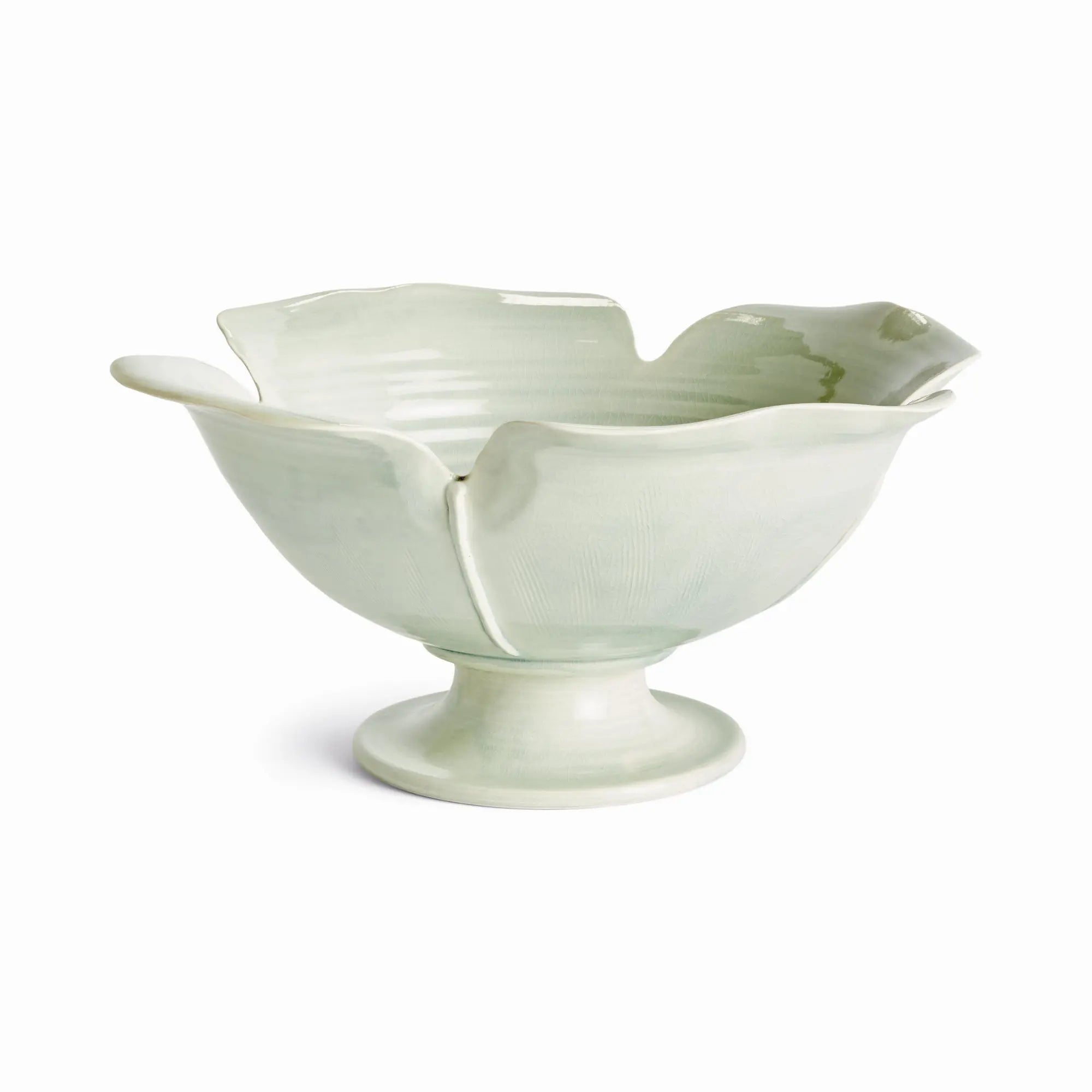 Handmade ceramic footed bowl with petal design in celadon glaze