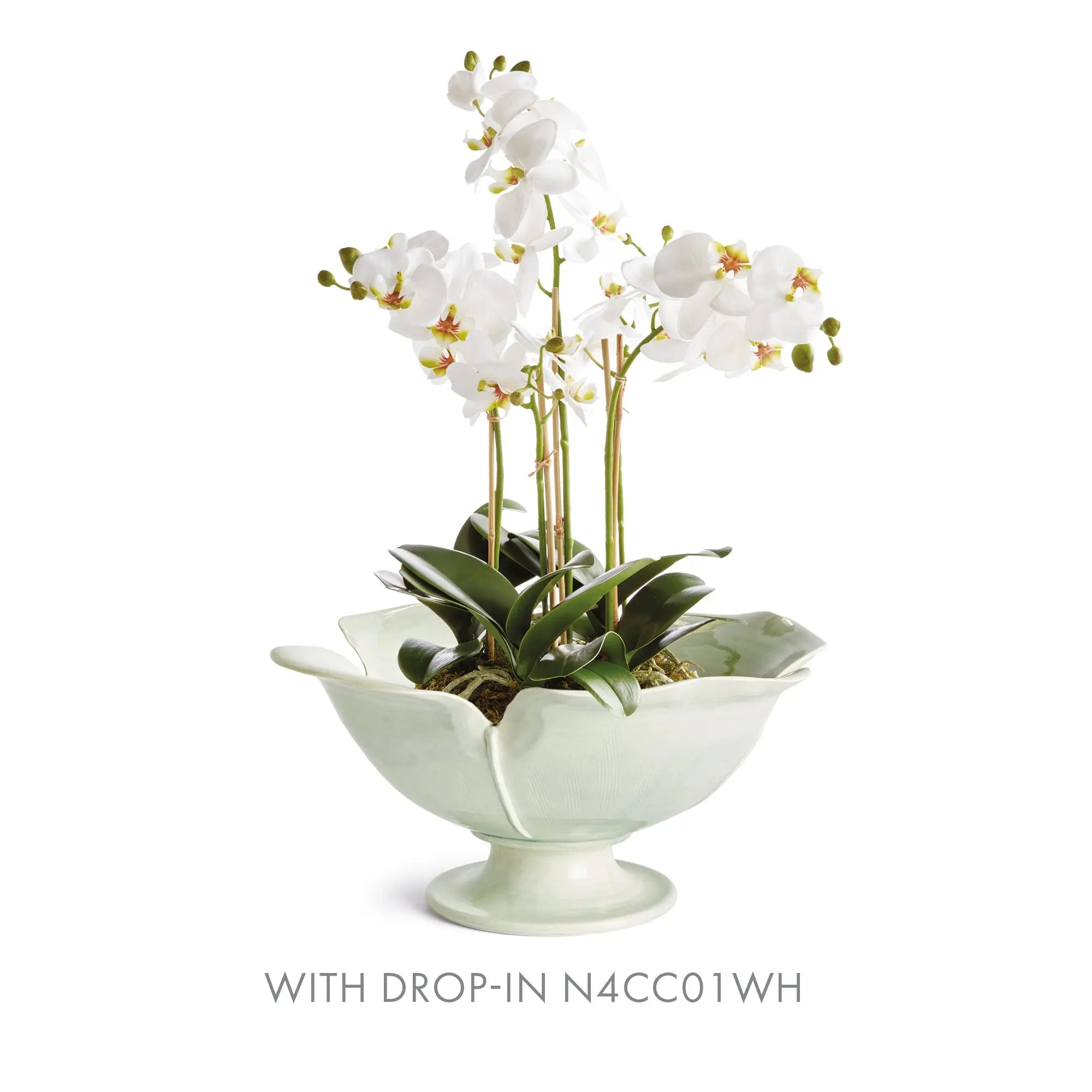 Handmade ceramic footed bowl with petal design in celadon glaze