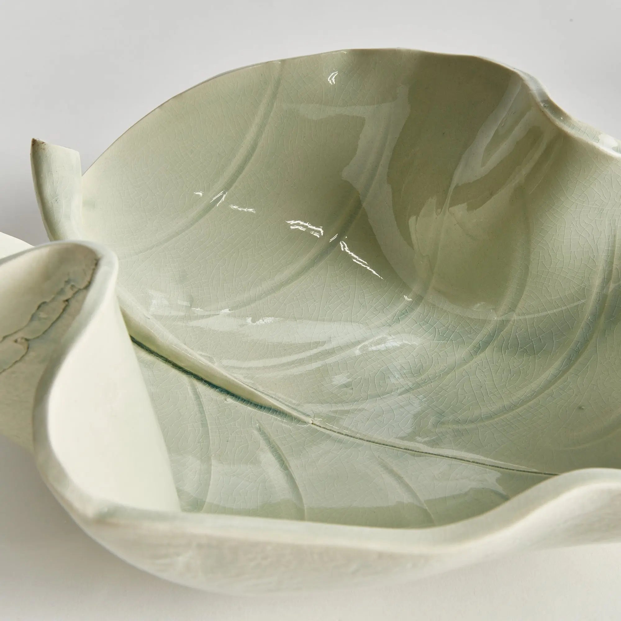 Handcrafted ceramic leaf sculpture in celadon glaze – small size