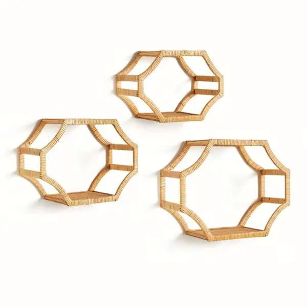 Set of 3 rattan woven wall shelves in natural finish for coastal home décor