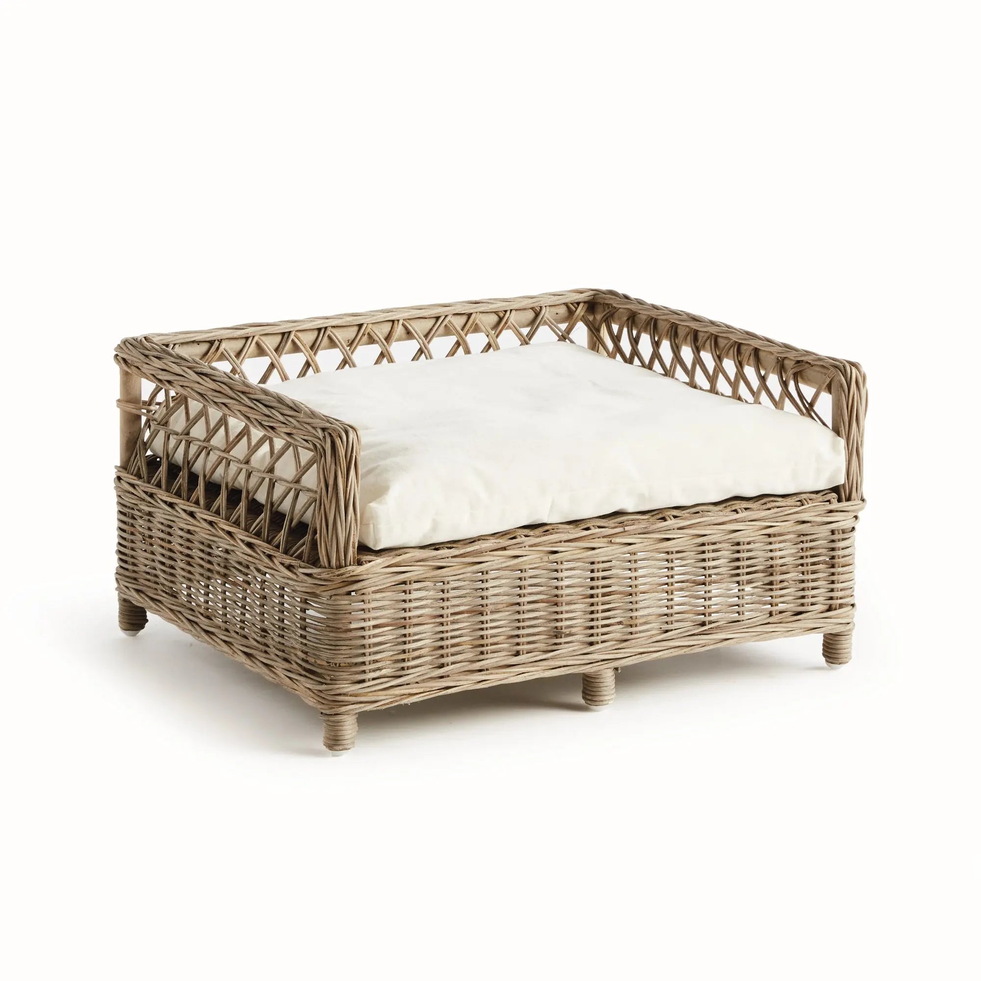 Normandy woven rattan dog bed with gray cushion – Small size