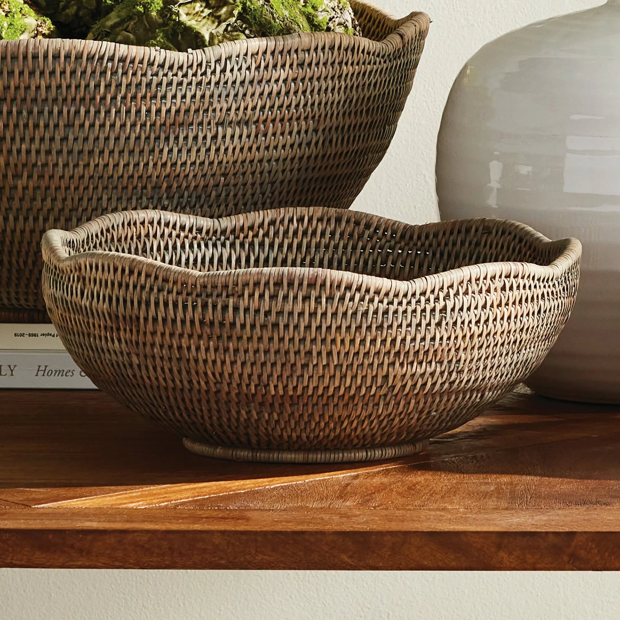 Burma Rattan Scalloped Edge Bowl - SMALL, Graywash