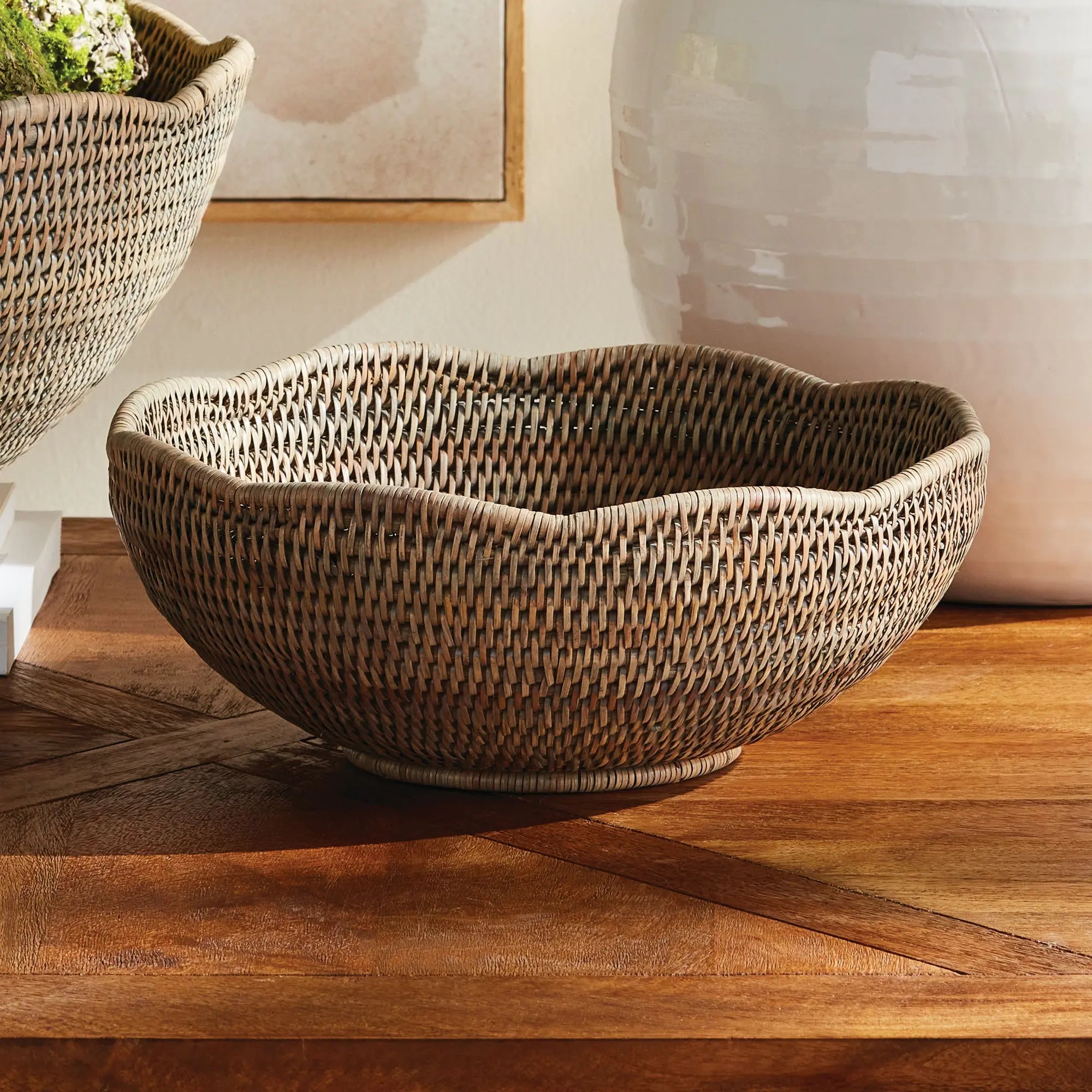 Burma Rattan Scalloped Edge Bowl - SMALL, Graywash