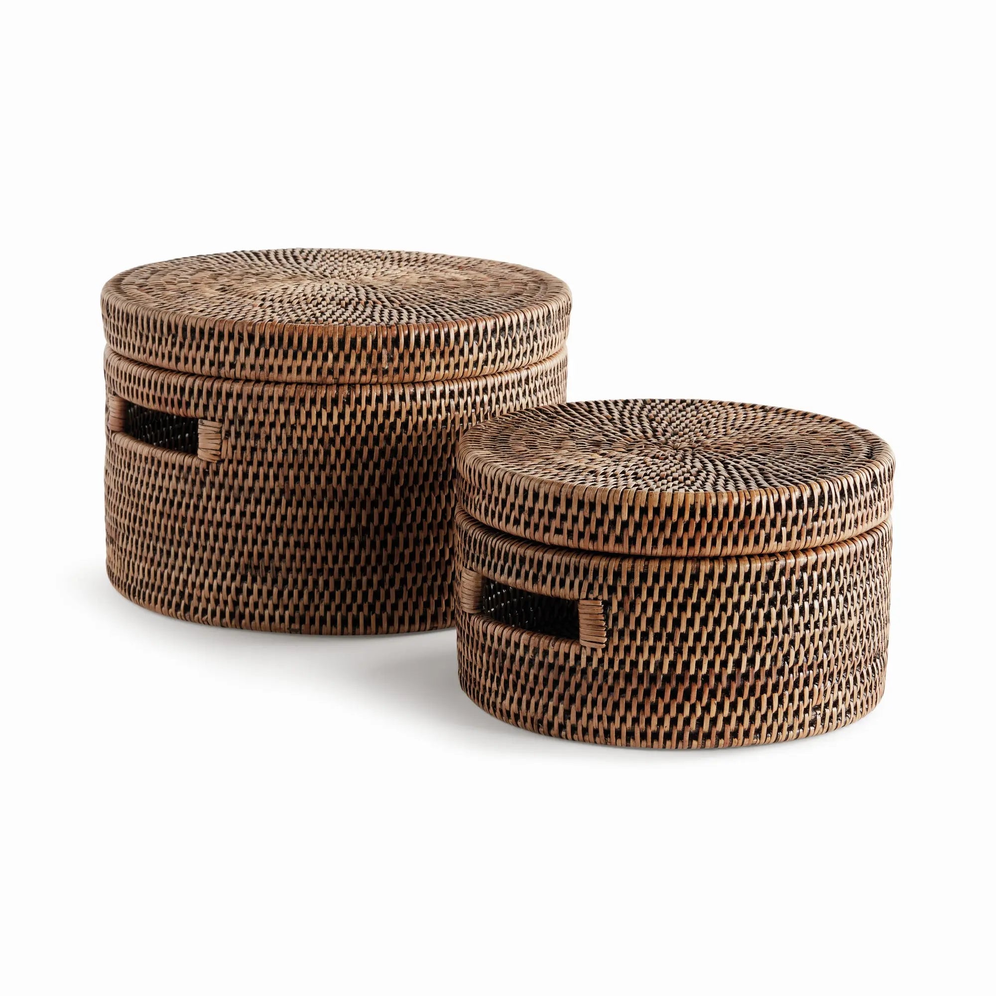 Handwoven Rattan Lidded Storage Boxes - Warm Brown