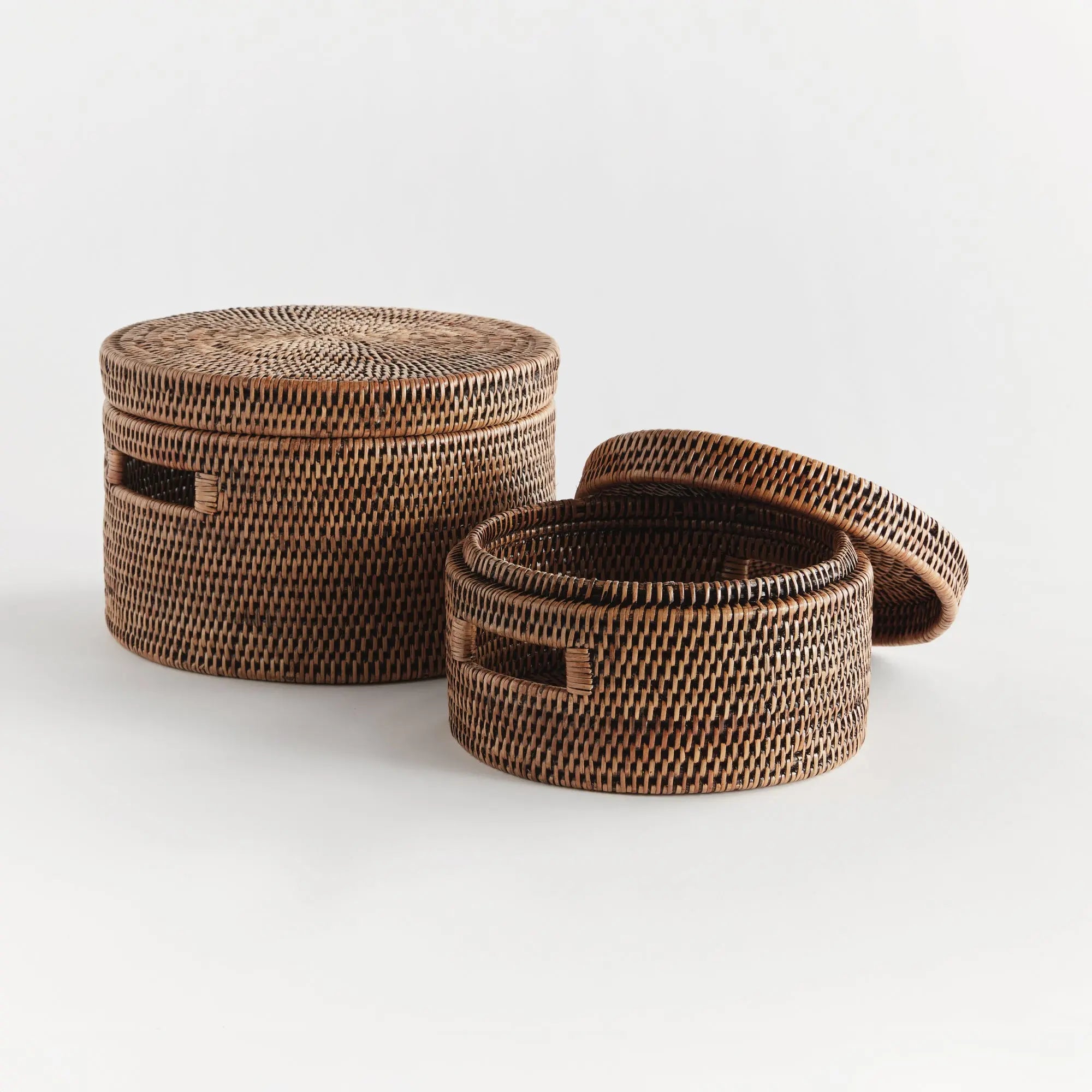 Handwoven Rattan Lidded Storage Boxes - Warm Brown