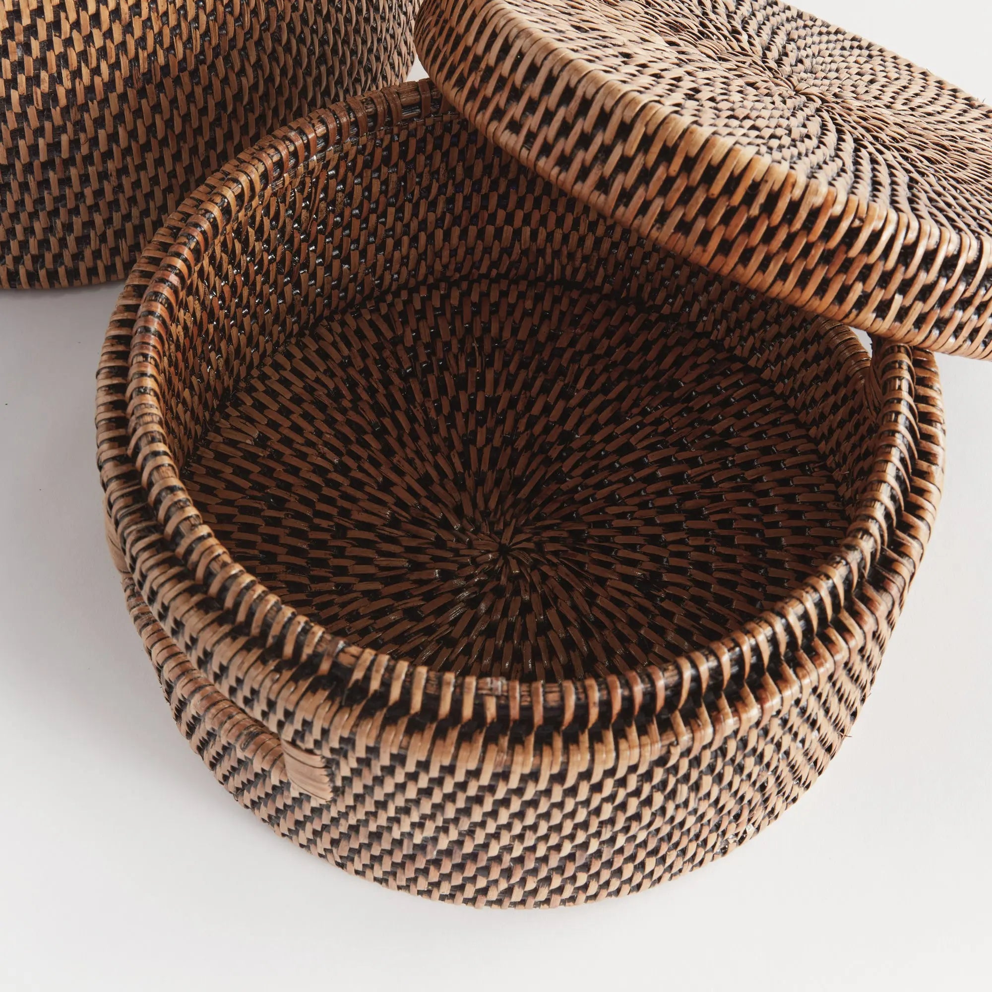 Handwoven Rattan Lidded Storage Boxes - Warm Brown