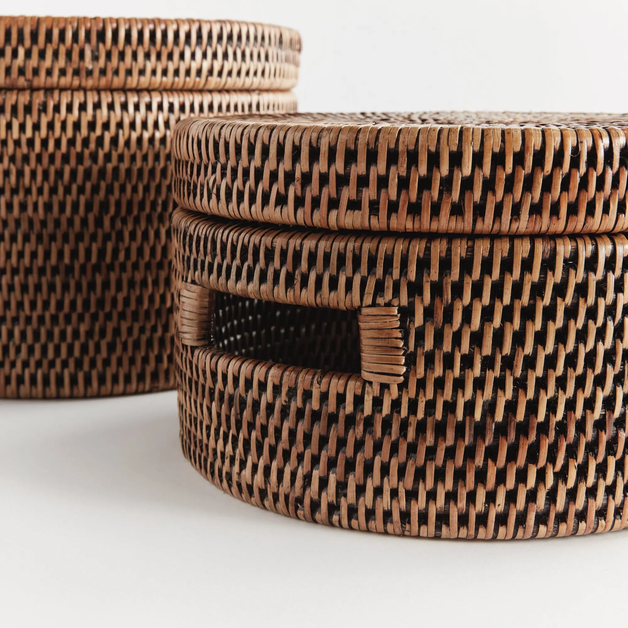 Handwoven Rattan Lidded Storage Boxes - Warm Brown
