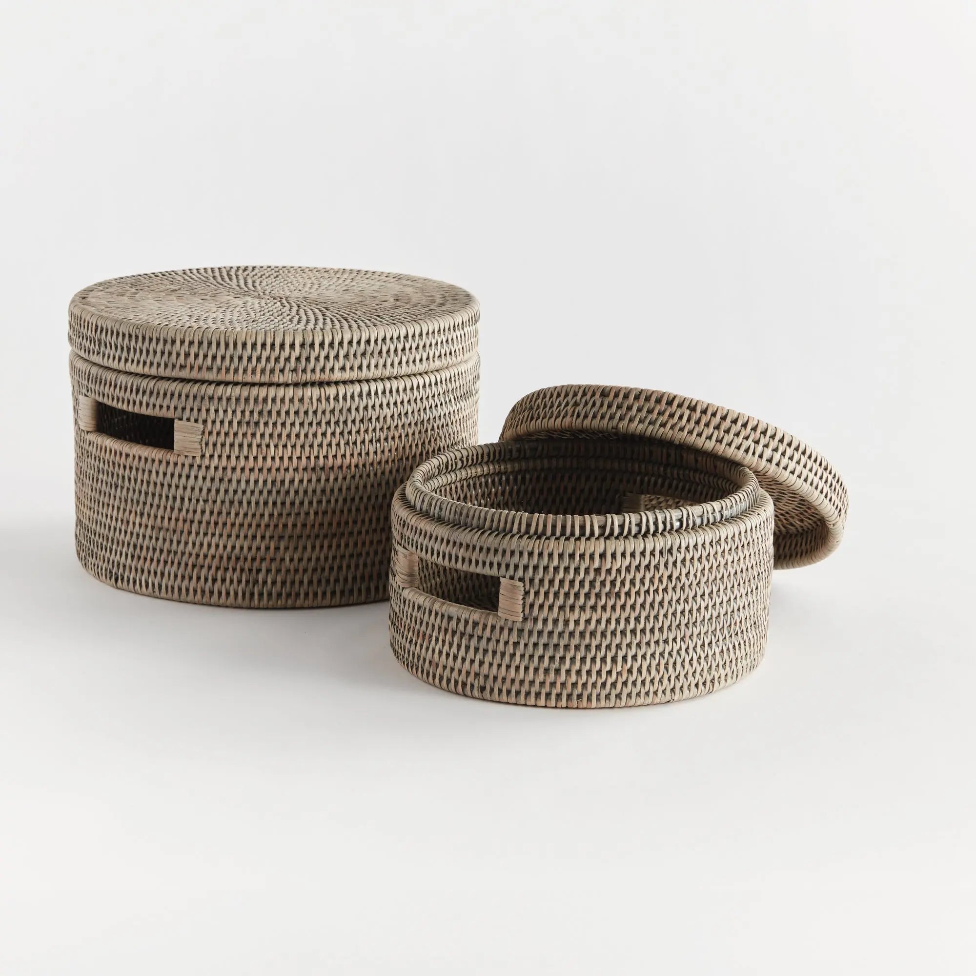 Handwoven Rattan Lidded Storage Boxes - Graywash