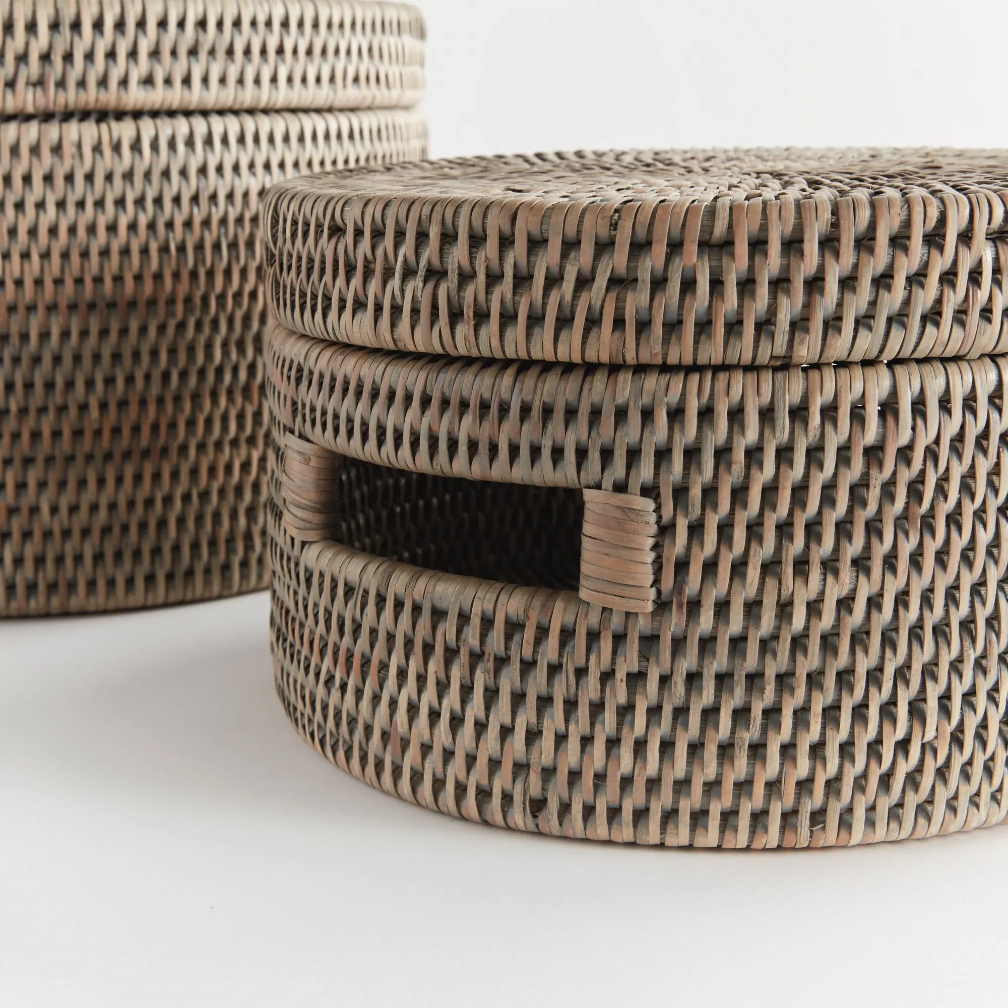 Handwoven Rattan Lidded Storage Boxes - Graywash