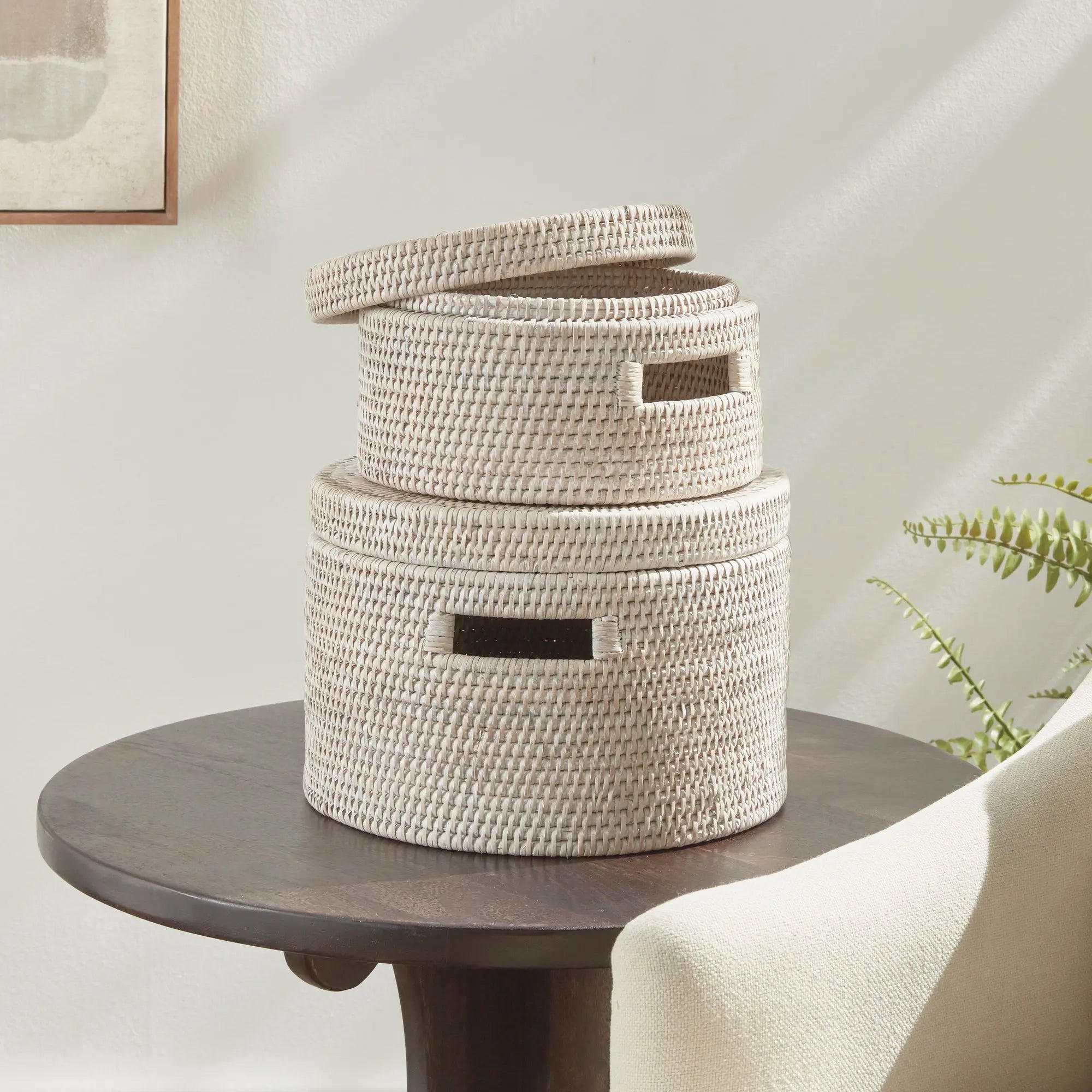 Handwoven Rattan Lidded Storage Boxes - Whitewash