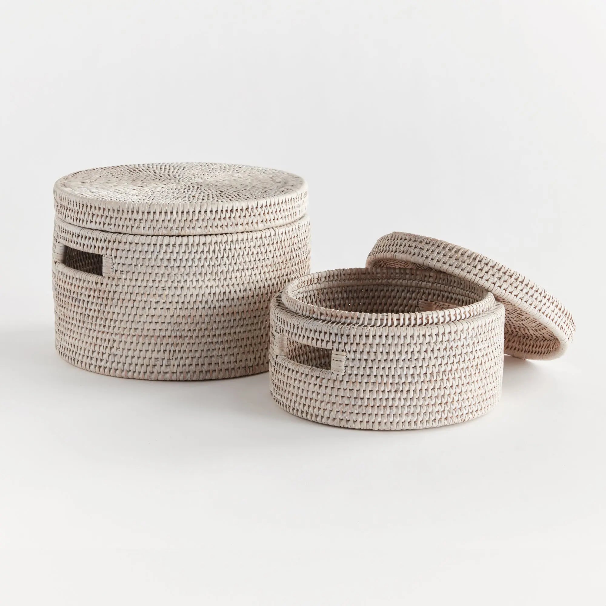 Handwoven Rattan Lidded Storage Boxes - Whitewash