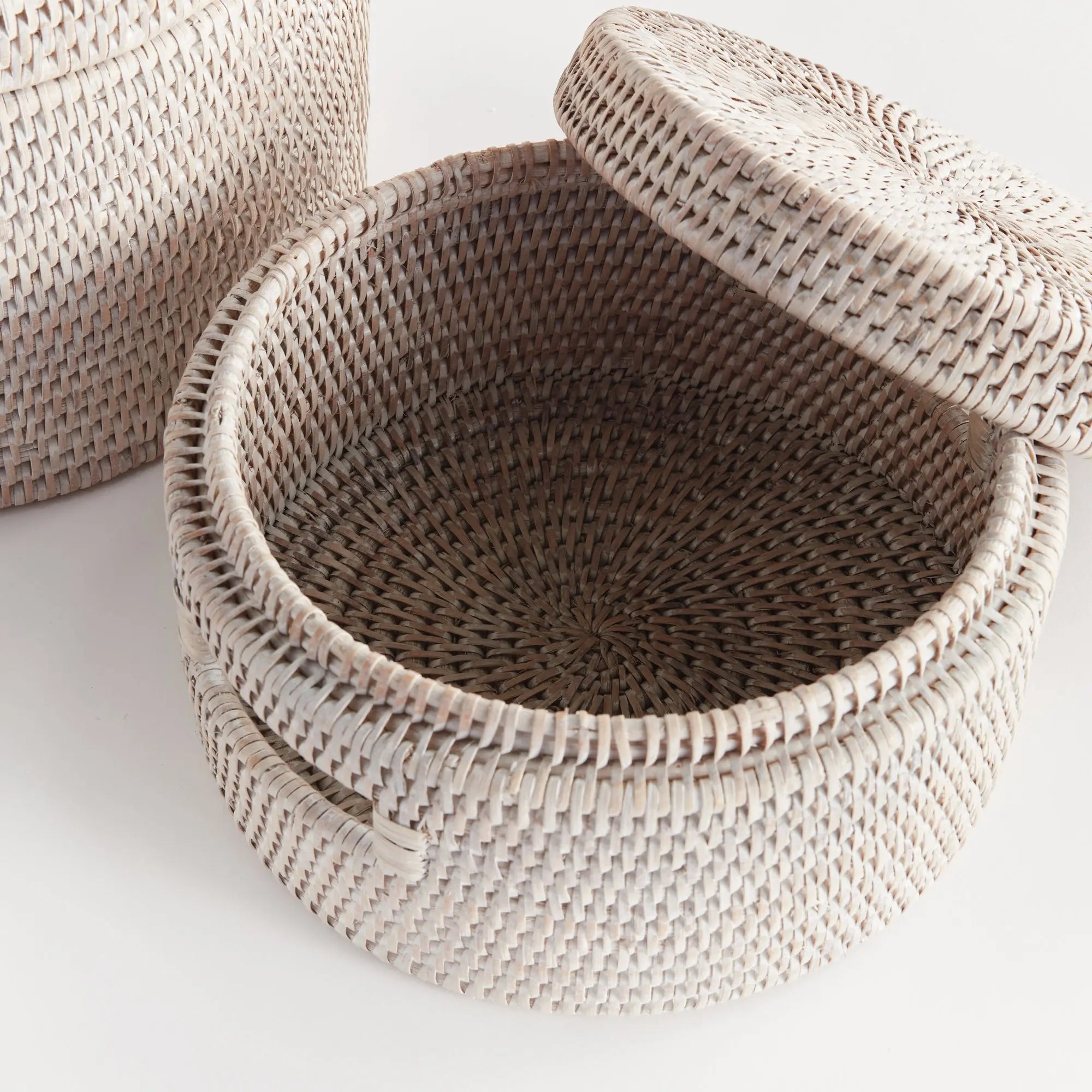 Handwoven Rattan Lidded Storage Boxes - Whitewash