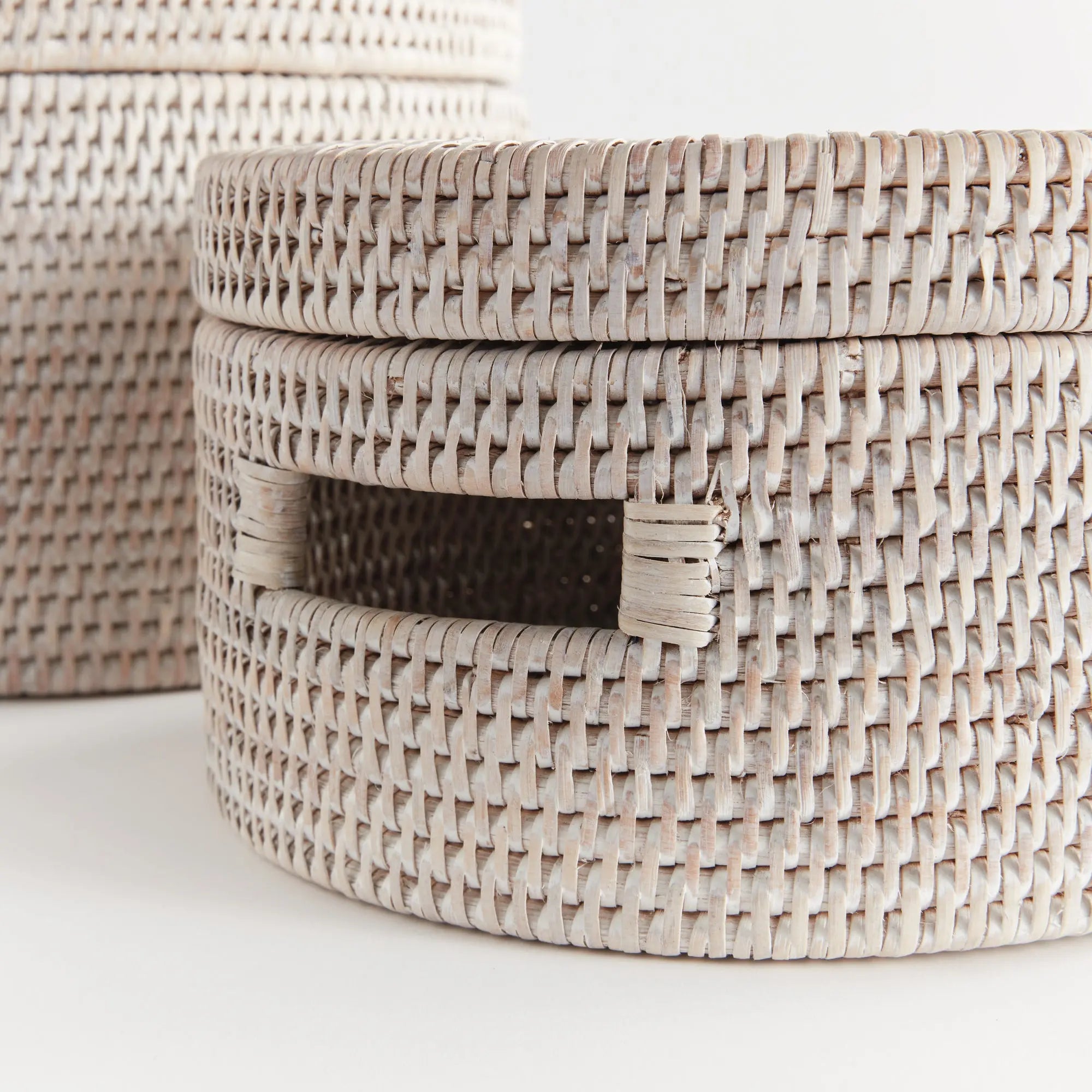 Handwoven Rattan Lidded Storage Boxes - Whitewash