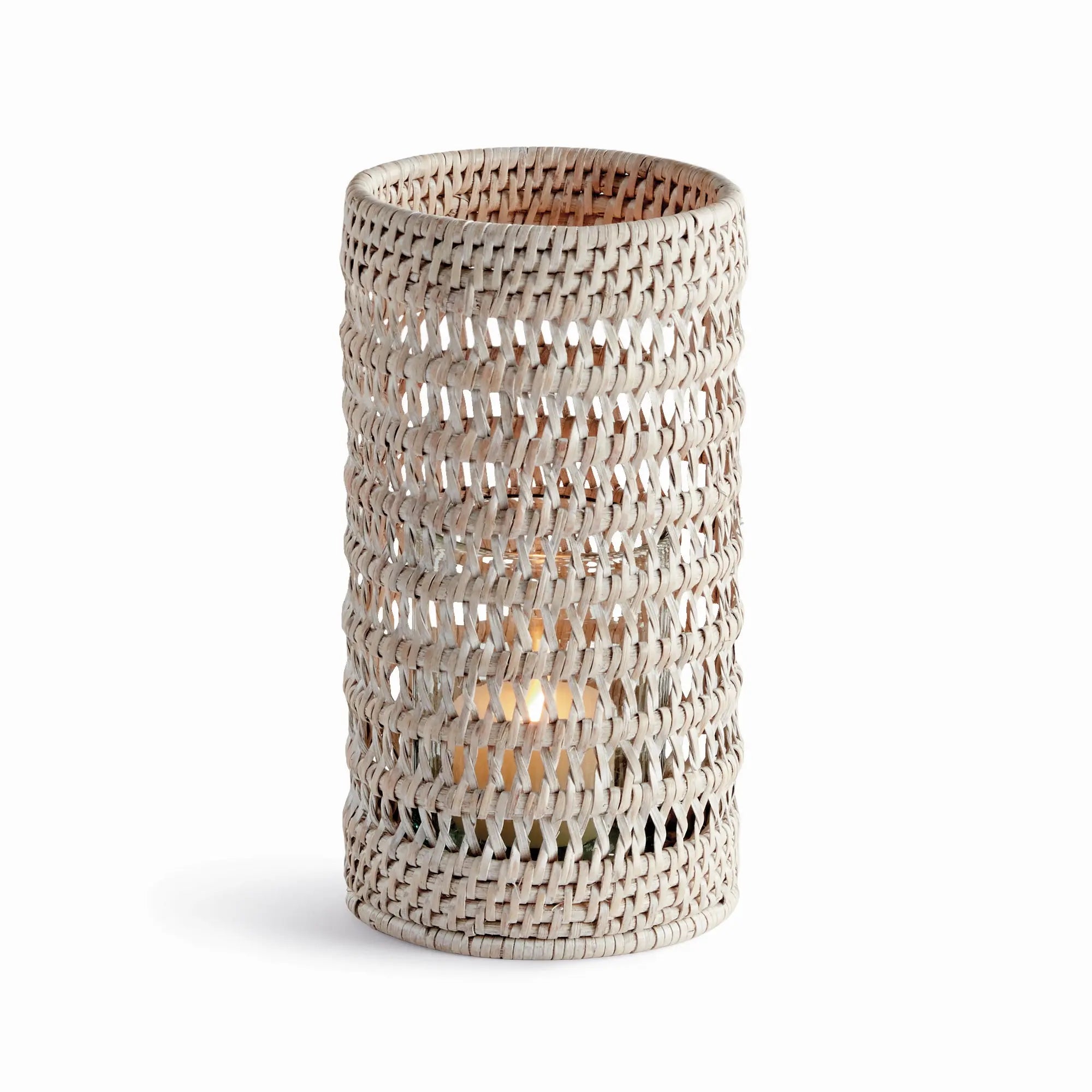 Small Whitewash Rattan Hurricane with Glass Insert