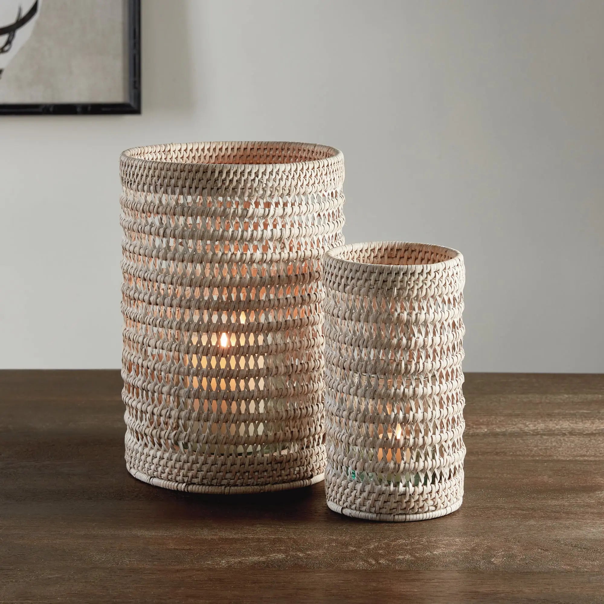 Small Whitewash Rattan Hurricane with Glass Insert