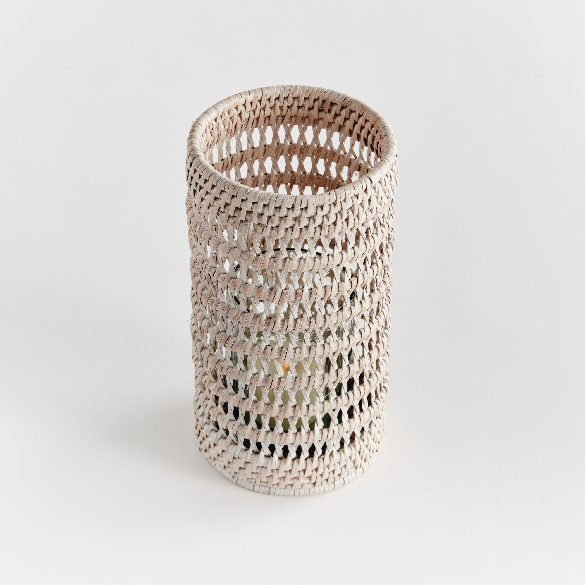 Small Whitewash Rattan Hurricane with Glass Insert