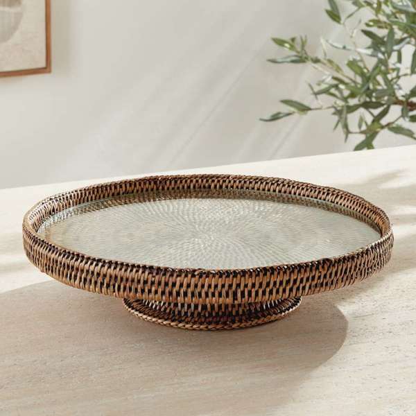 Burma Rattan Serving Stand - Glass Insert | Graywash, Whitewash, or Warm Brown Napa Home & Garden