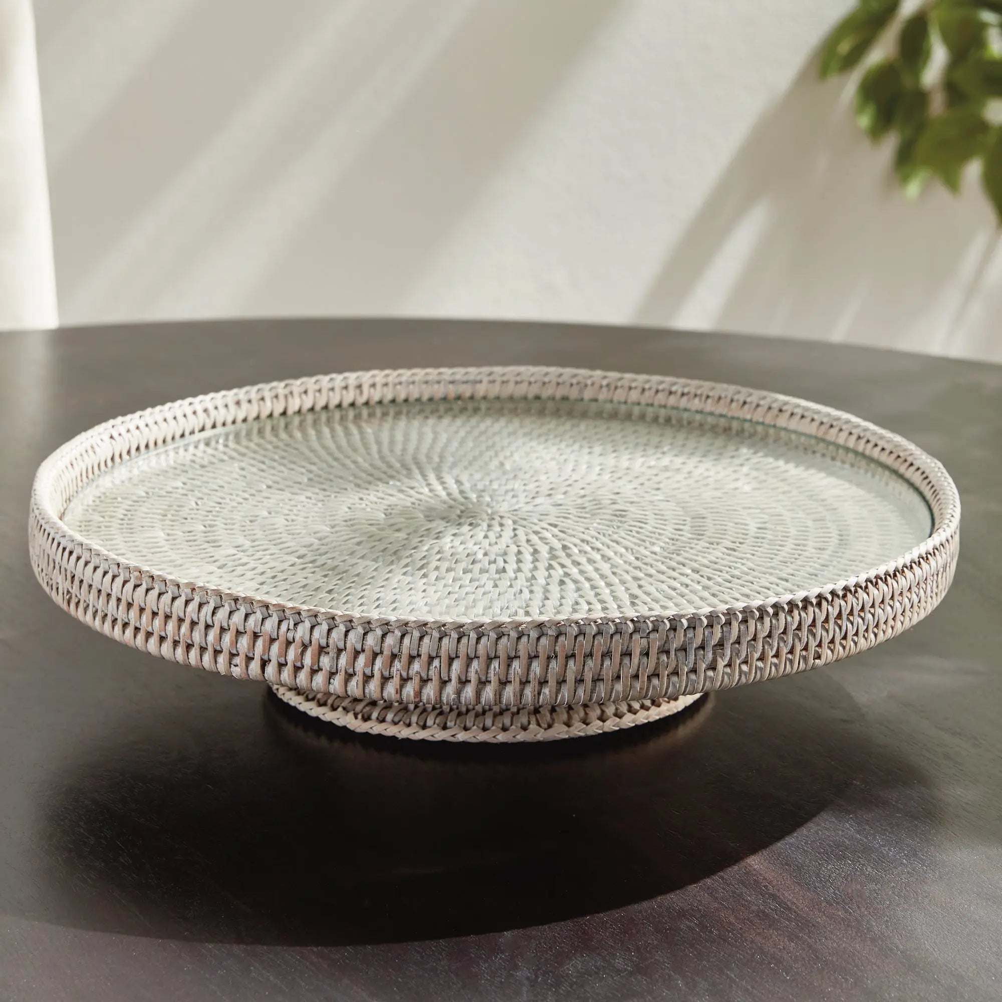 Whitewash Rattan Serving Stand with Glass Insert