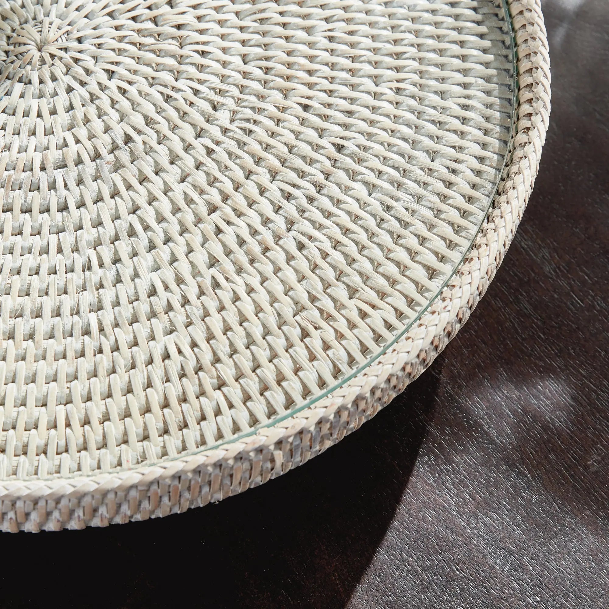 Whitewash Rattan Serving Stand with Glass Insert