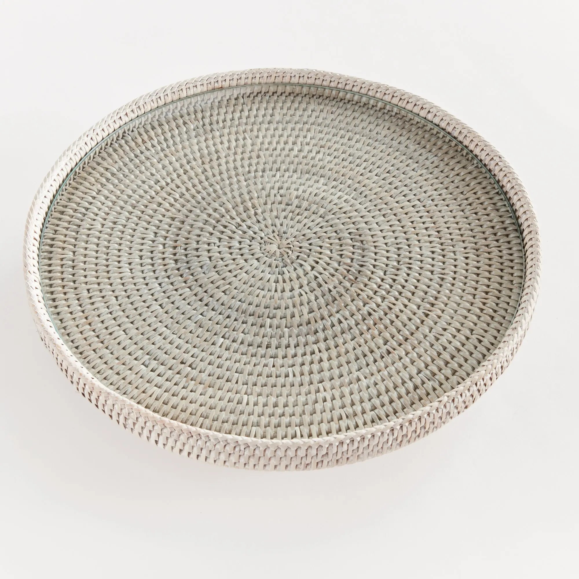 Whitewash Rattan Serving Stand with Glass Insert