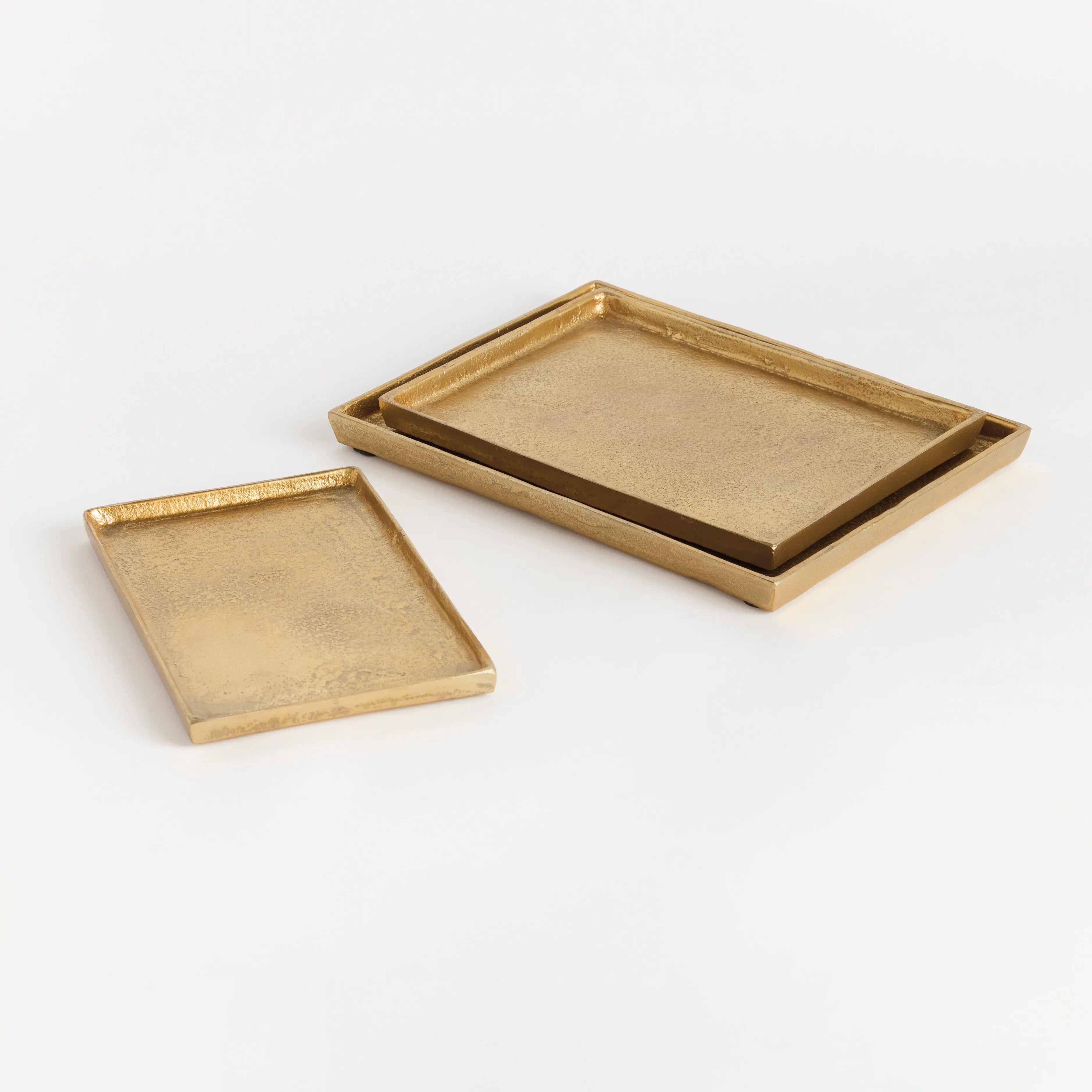 Brett Rectangular Decorative Trays - Set of 3 Gold Cast Aluminum - Villa Decor & Design