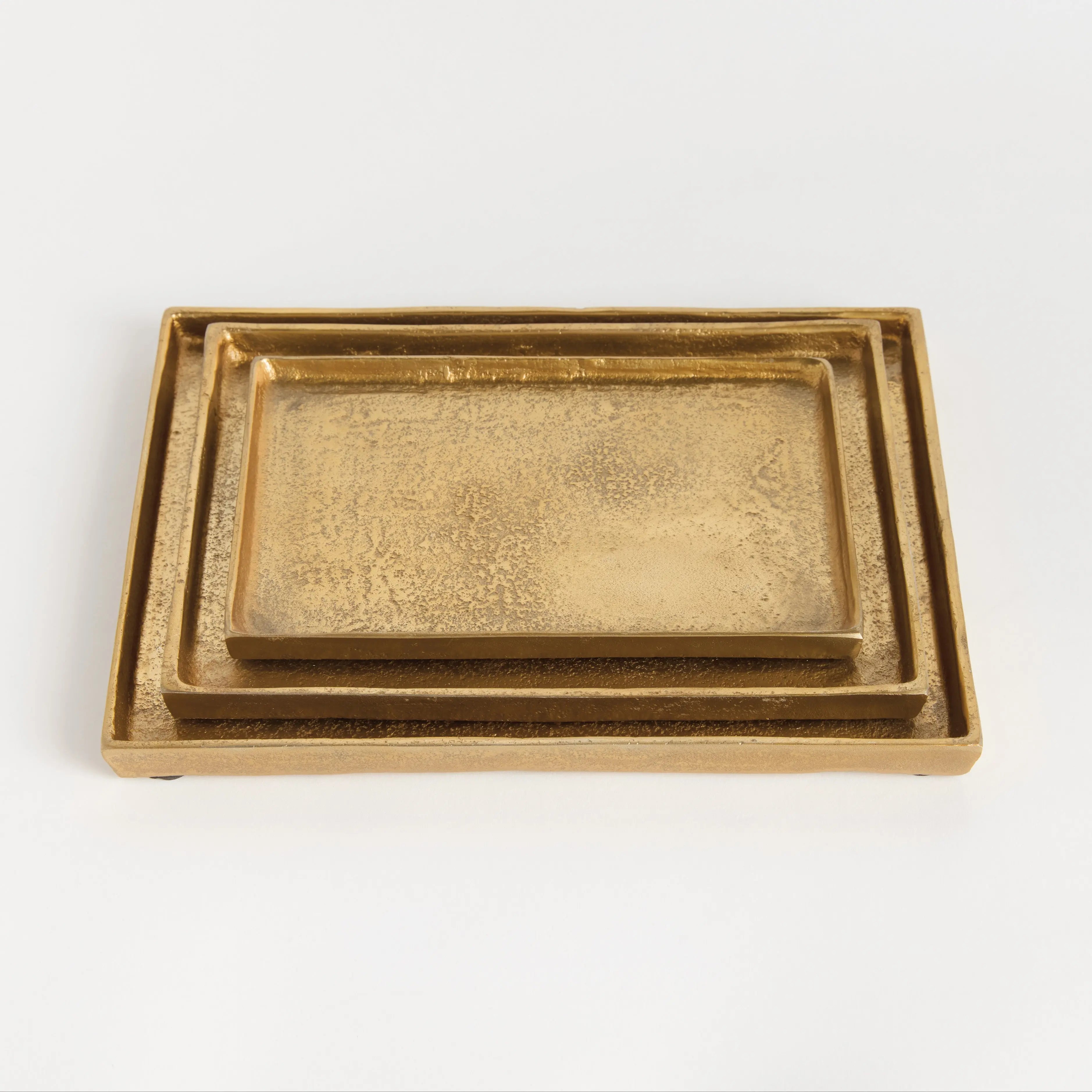 Brett Rectangular Decorative Trays - Set of 3 Gold Cast Aluminum - Villa Decor & Design