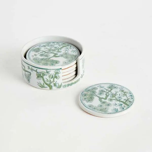 Imperial Coasters - Set of 6 Green & White Chinoiserie Ceramic Coasters - Villa Decor & Design