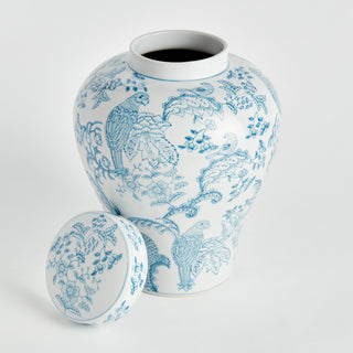 Monarch Parrot Ginger Jar - Light Blue & White Hand-Painted Porcelain