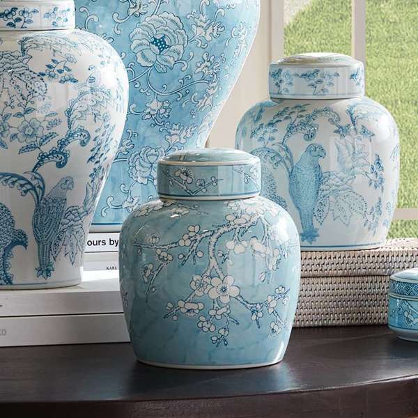 Monarch Empress Lidded Jar - Blue & White Parrot Motif Porcelain Jar - Villa Decor & Design