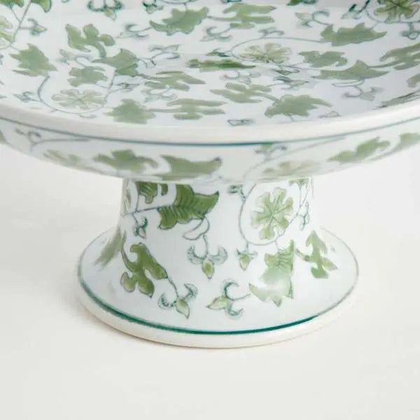 Imperial Foliage Compote - Green & White Chinoiserie Porcelain Pedestal Bowl - Villa Decor & Design