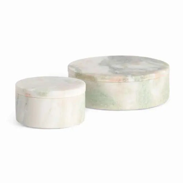 Johanna Marble Round Lidded Boxes - Set of 2 Green & Pink Veined Marble Boxes - Villa Decor & Design